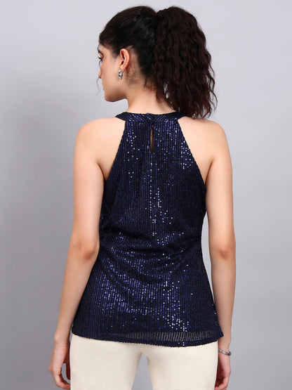 Powersutra Navy Blue Sequin Halter Camisole With Gathered Detail