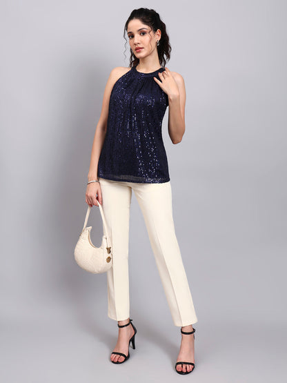 Powersutra Navy Blue Sequin Halter Camisole With Gathered Detail