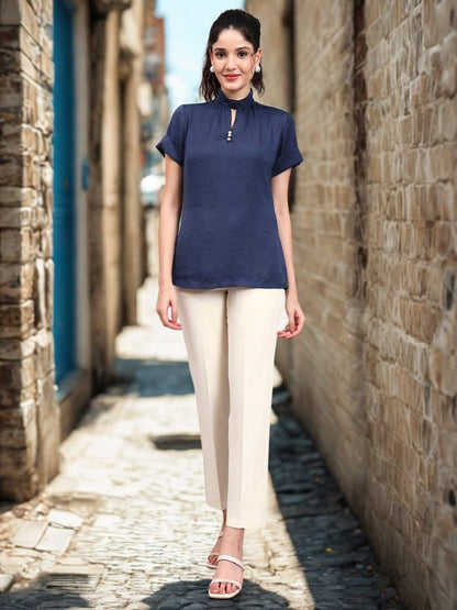 Powersutra Premium Blue High-Neck Satin Top With Pearl Detailing