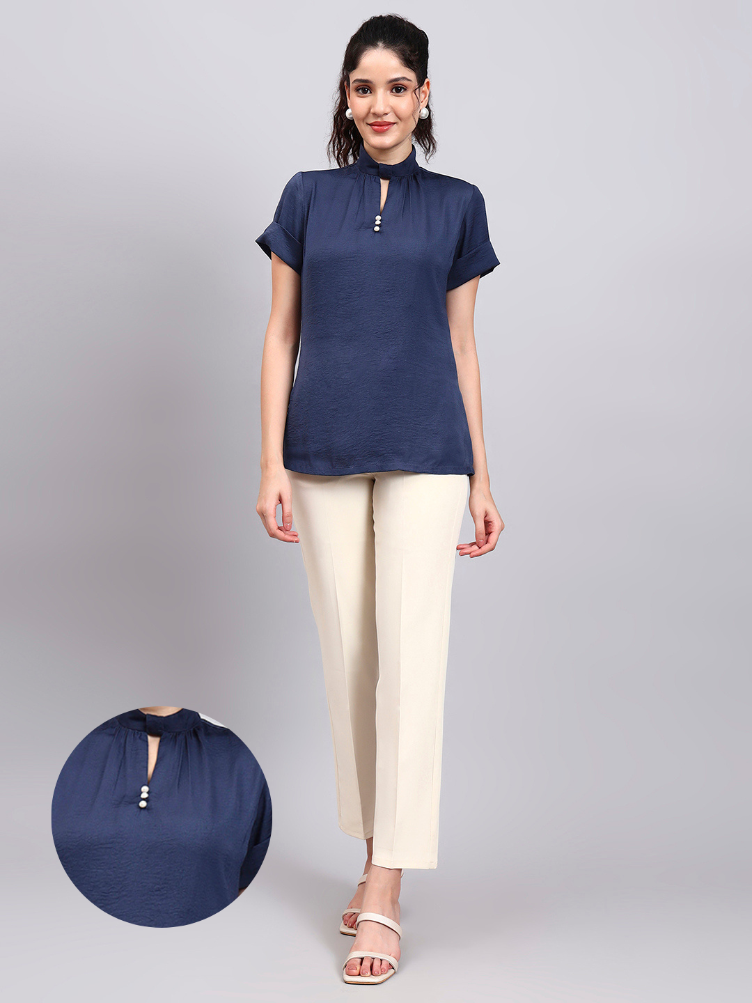 Powersutra Premium Blue High-Neck Satin Top With Pearl Detailing