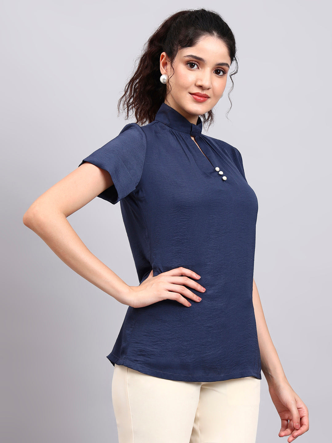 Powersutra Premium Blue High-Neck Satin Top With Pearl Detailing