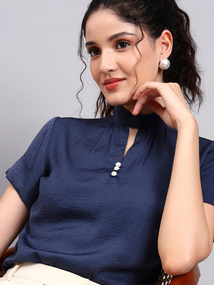 Powersutra Premium Blue High-Neck Satin Top With Pearl Detailing