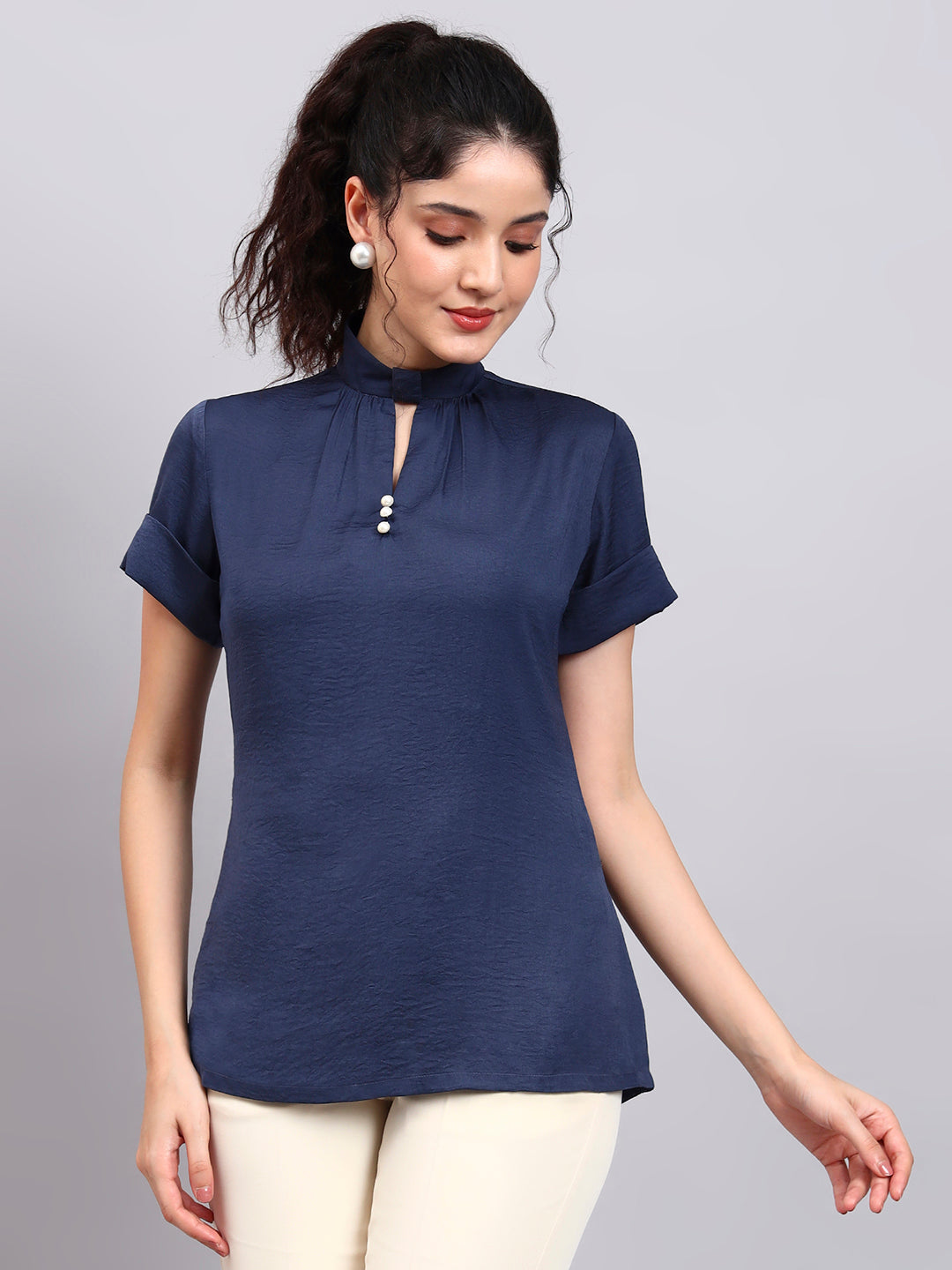 Powersutra Premium Blue High-Neck Satin Top With Pearl Detailing