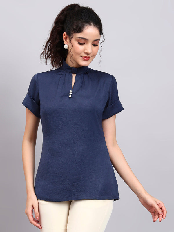 Powersutra Premium Blue High-Neck Satin Top With Pearl Detailing