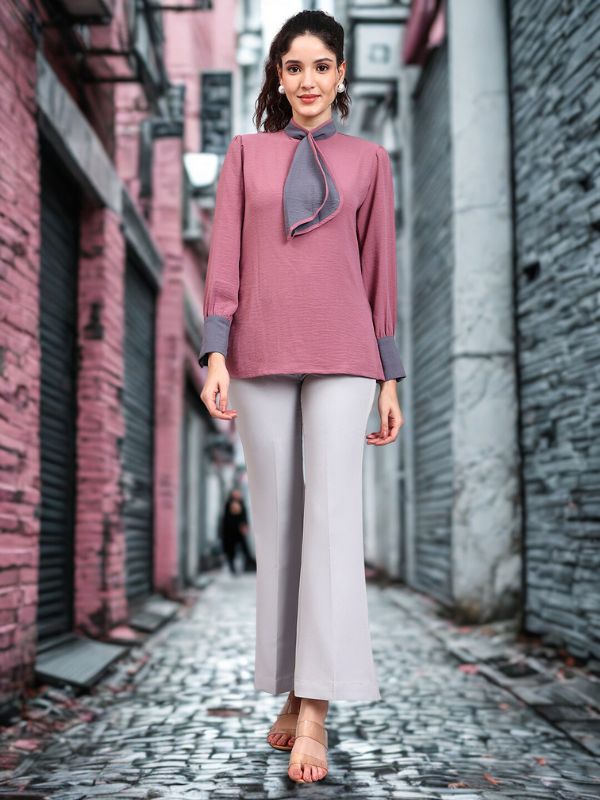 Powersutra Pink Tie-Neck Top With Contrast Grey Cuffs And Ruffle Detail