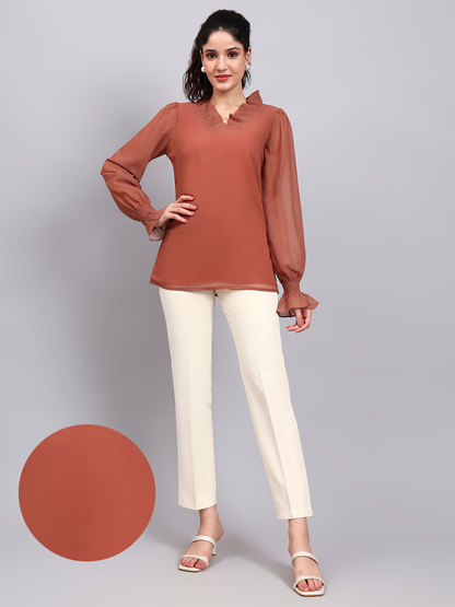 Powersutra Rust V-Neck Top With Pleated Detail And Smocked Sheer Sleeves