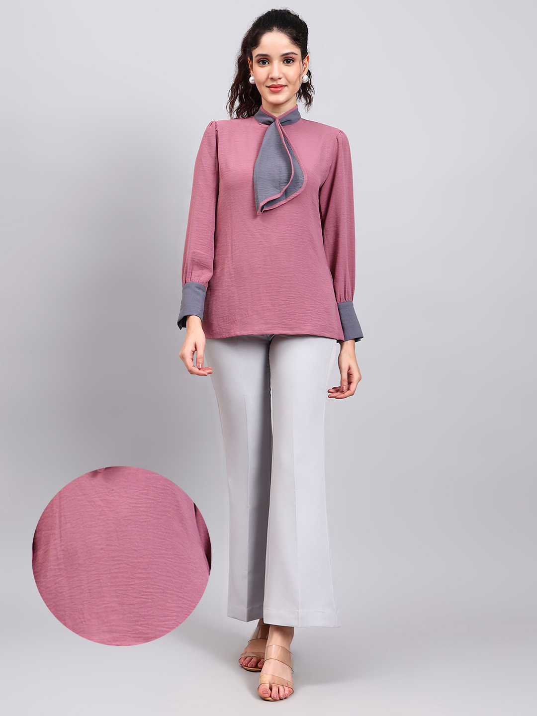 Powersutra Pink Tie-Neck Top With Contrast Grey Cuffs And Ruffle Detail