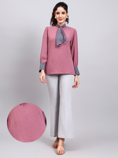 Powersutra Pink Tie-Neck Top With Contrast Grey Cuffs And Ruffle Detail