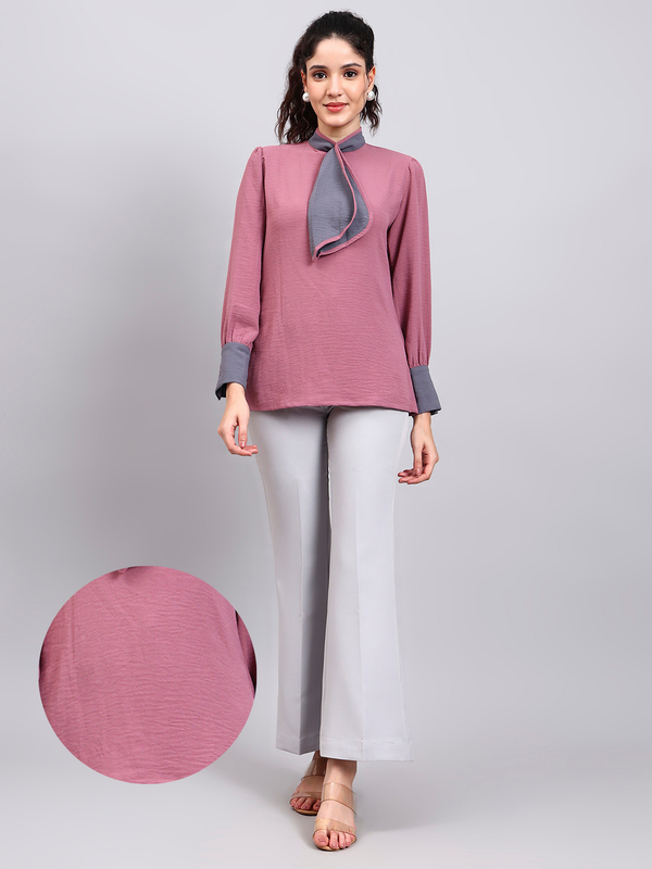 Powersutra Pink Tie-Neck Top With Contrast Grey Cuffs And Ruffle Detail