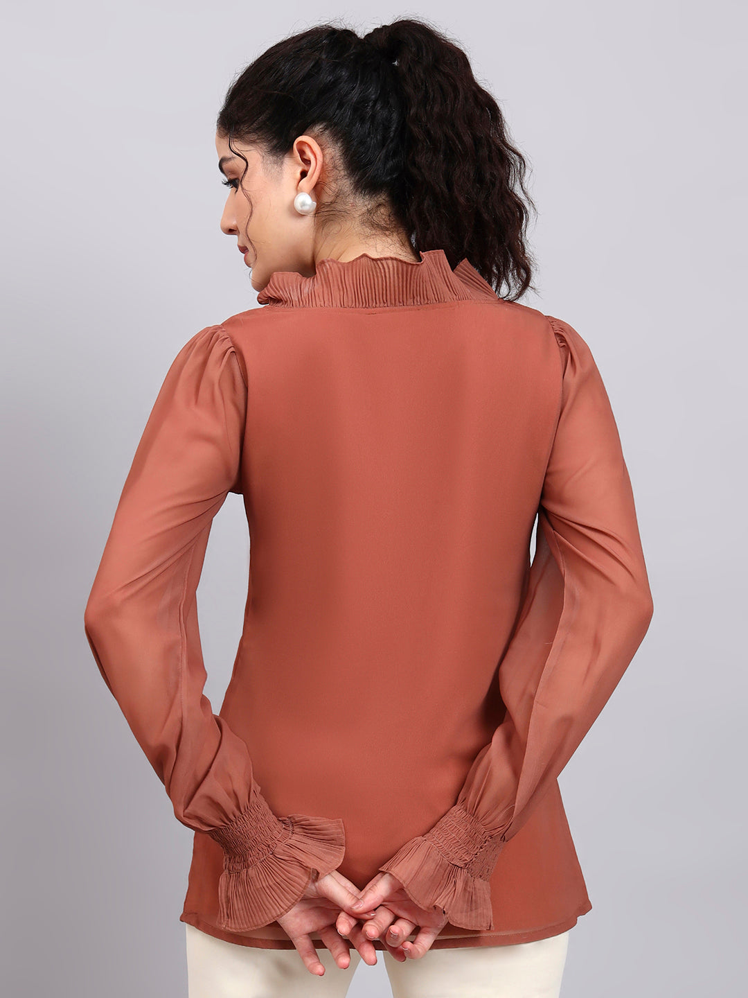 Powersutra Rust V-Neck Top With Pleated Detail And Smocked Sheer Sleeves