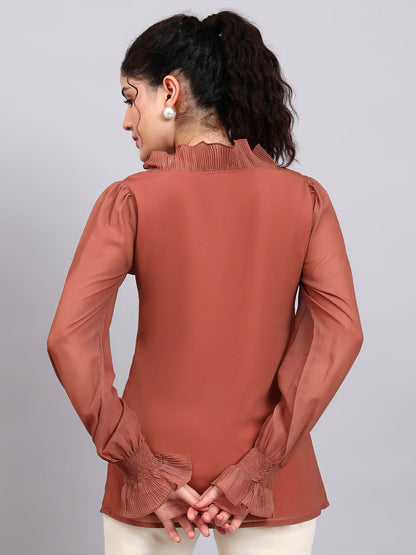 Powersutra Rust V-Neck Top With Pleated Detail And Smocked Sheer Sleeves