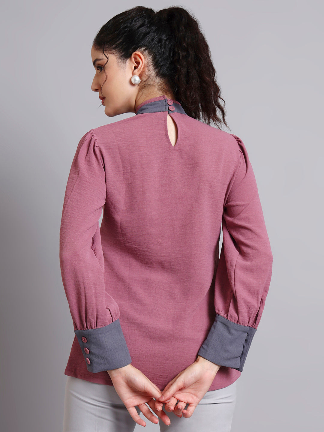 Powersutra Pink Tie-Neck Top With Contrast Grey Cuffs And Ruffle Detail
