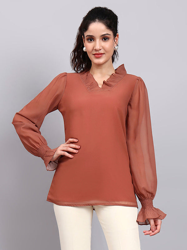 Powersutra Rust V-Neck Top With Pleated Detail And Smocked Sheer Sleeves