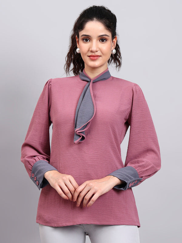 Powersutra Pink Tie-Neck Top With Contrast Grey Cuffs And Ruffle Detail