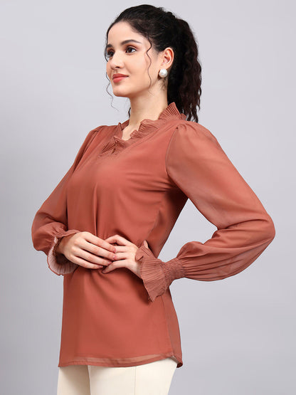 Powersutra Rust V-Neck Top With Pleated Detail And Smocked Sheer Sleeves