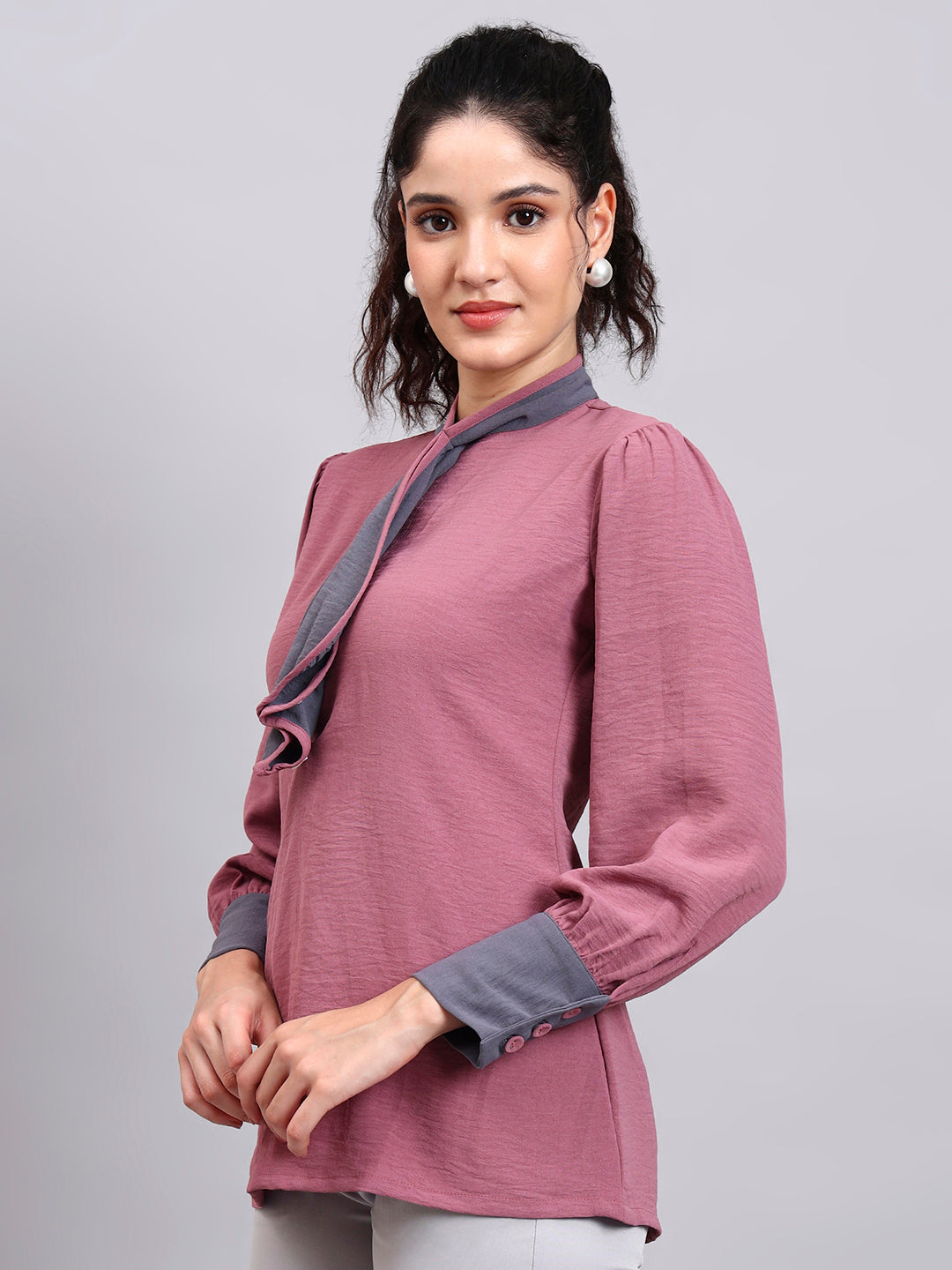 Powersutra Pink Tie-Neck Top With Contrast Grey Cuffs And Ruffle Detail