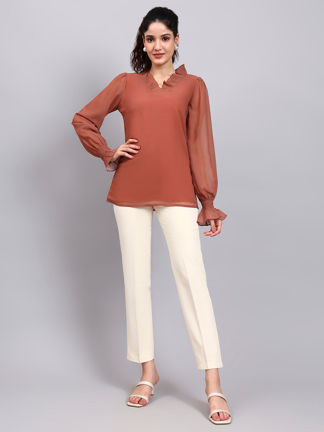 Powersutra Rust V-Neck Top With Pleated Detail And Smocked Sheer Sleeves