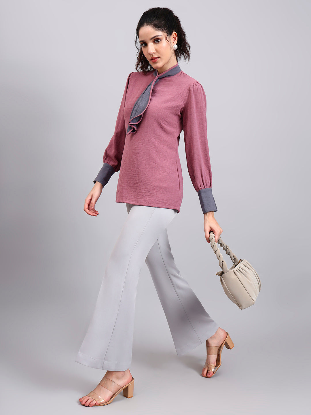 Powersutra Pink Tie-Neck Top With Contrast Grey Cuffs And Ruffle Detail