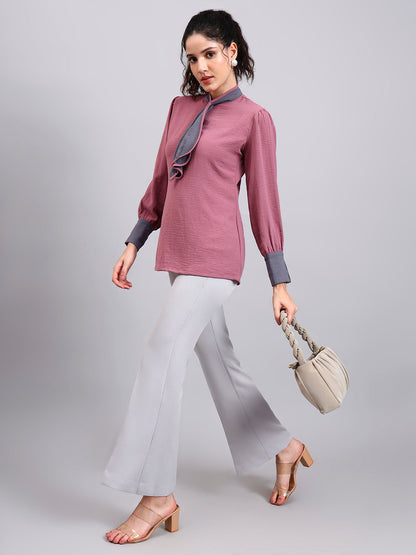 Powersutra Pink Tie-Neck Top With Contrast Grey Cuffs And Ruffle Detail