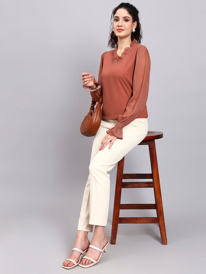 Powersutra Rust V-Neck Top With Pleated Detail And Smocked Sheer Sleeves
