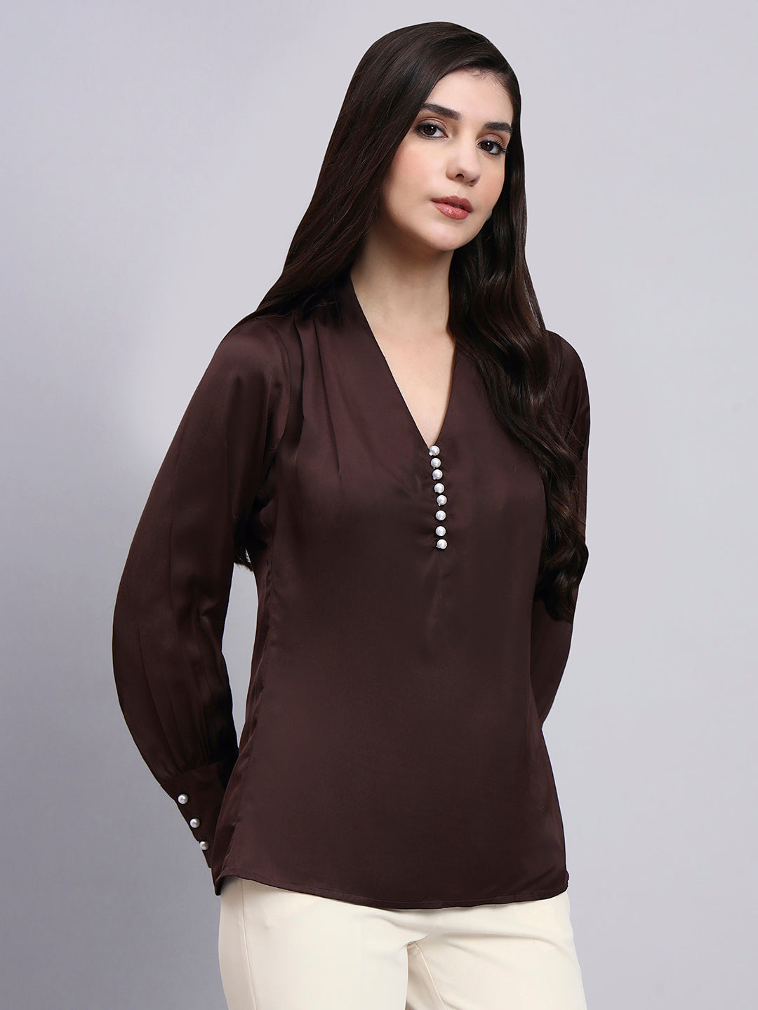 Powersutra Women Premium Chocolate High-Neck Satin Top With Pearl Detailing