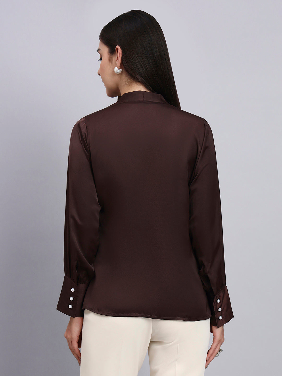 Powersutra Women Premium Chocolate High-Neck Satin Top With Pearl Detailing
