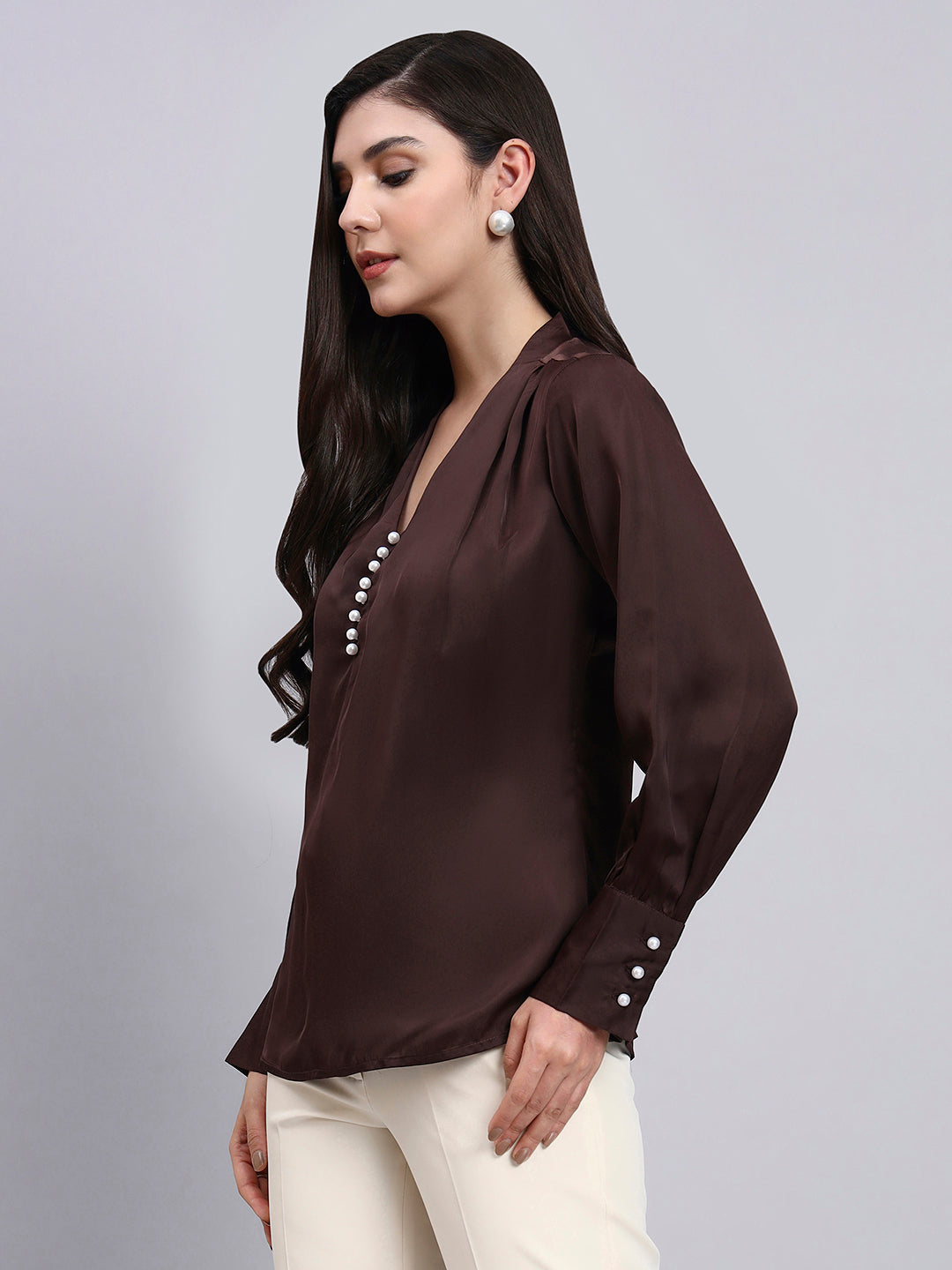 Powersutra Women Premium Chocolate High-Neck Satin Top With Pearl Detailing
