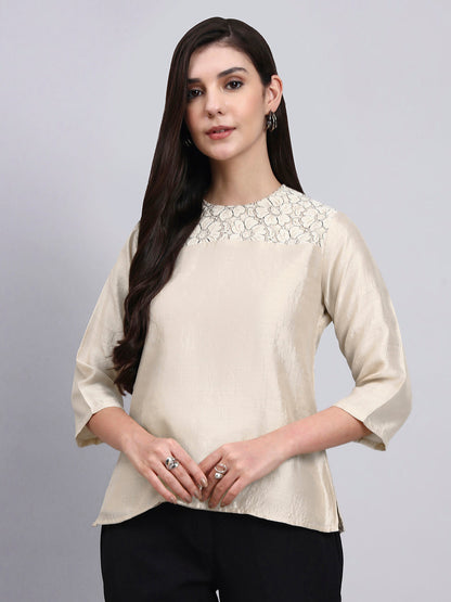 Powersutra Women Modern Floral Embroidery 3/4Th Sleeve Top