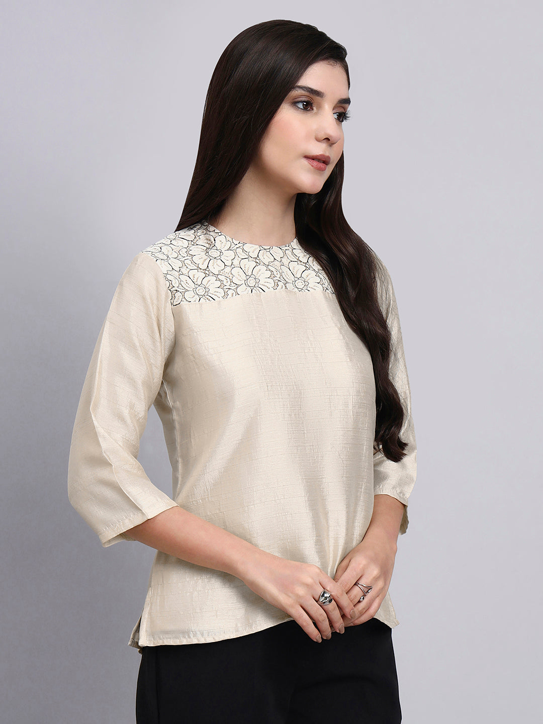 Powersutra Women Modern Floral Embroidery 3/4Th Sleeve Top