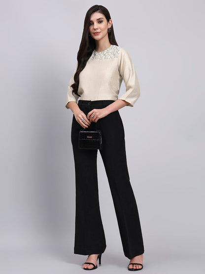 Powersutra Women Modern Floral Embroidery 3/4Th Sleeve Top