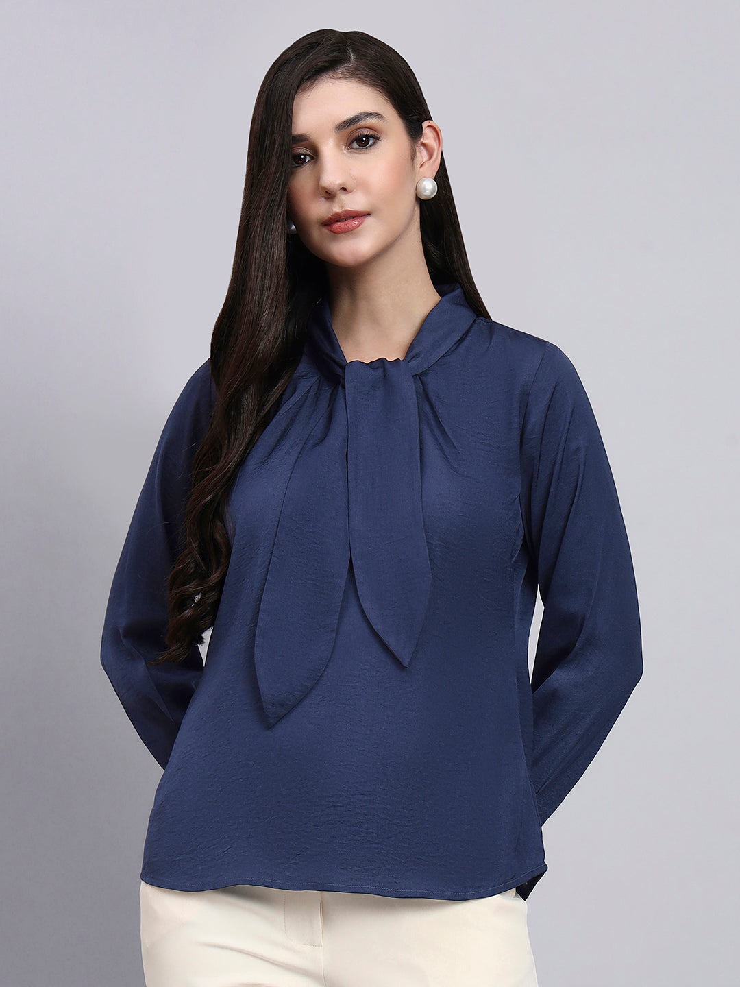 Powersutra Effortlessly Elegant - Blue Tie-Neck Top