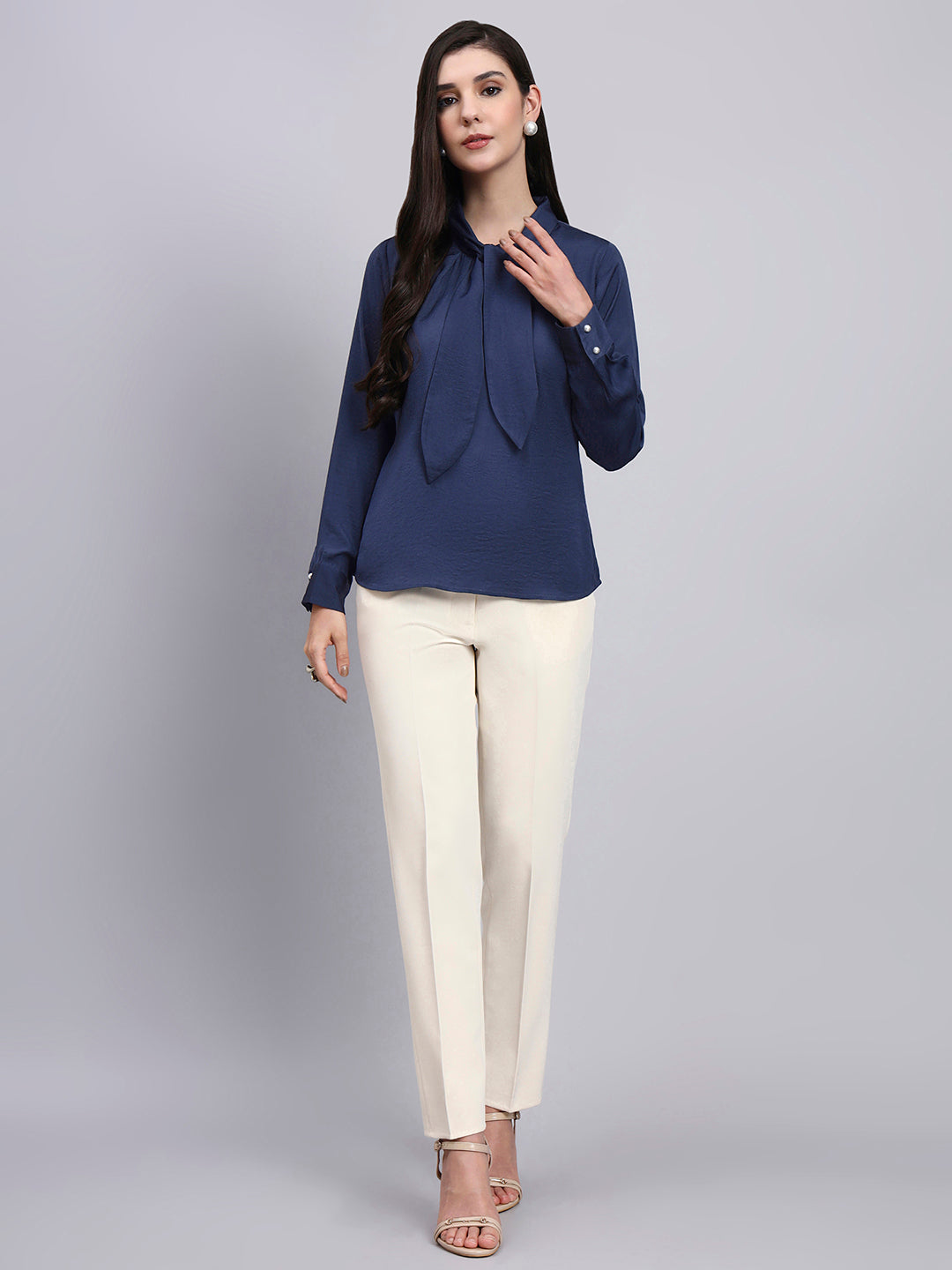Powersutra Effortlessly Elegant - Blue Tie-Neck Top