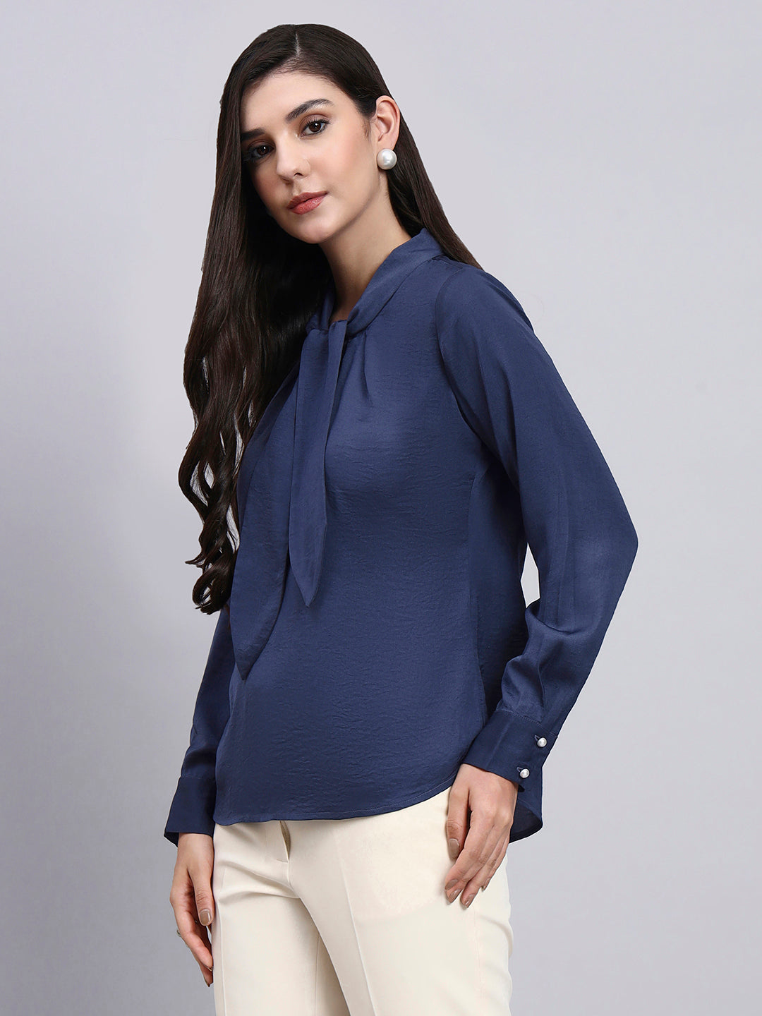 Powersutra Effortlessly Elegant - Blue Tie-Neck Top