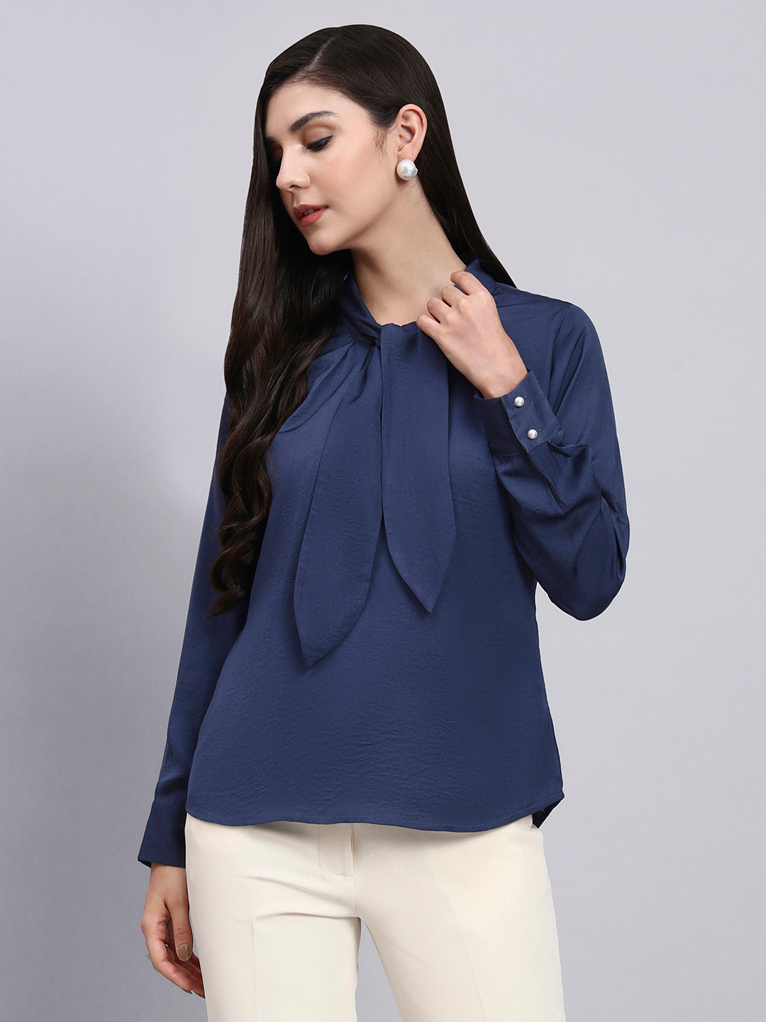 Powersutra Effortlessly Elegant - Blue Tie-Neck Top