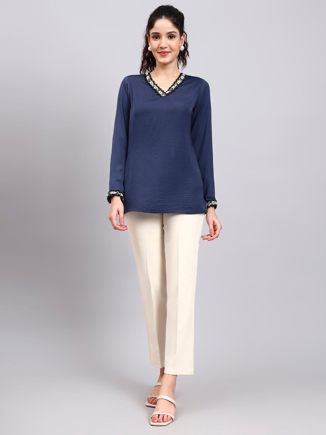 Powersutra Blue V-Neck Top With Embellished Neckline And Cuff Detailing