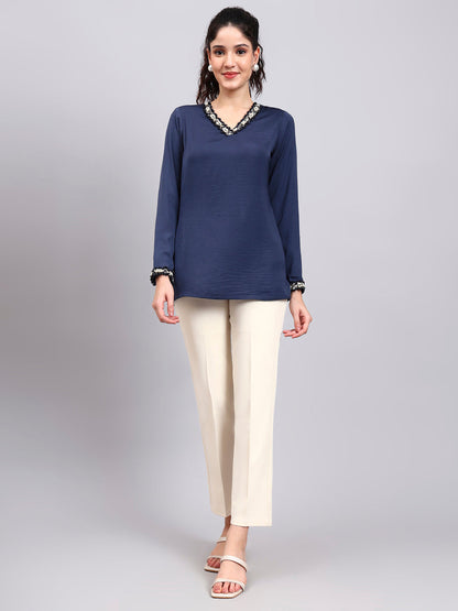 Powersutra Blue V-Neck Top With Embellished Neckline And Cuff Detailing