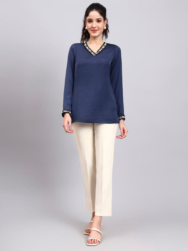 Powersutra Blue V-Neck Top With Embellished Neckline And Cuff Detailing