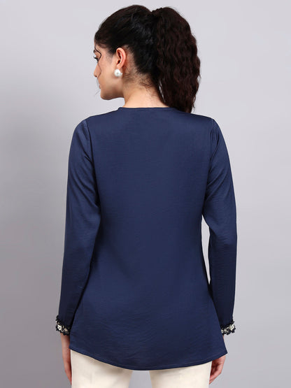 Powersutra Blue V-Neck Top With Embellished Neckline And Cuff Detailing