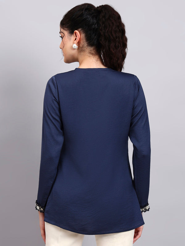 Powersutra Blue V-Neck Top With Embellished Neckline And Cuff Detailing