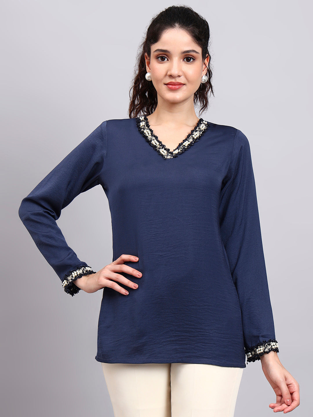 Powersutra Blue V-Neck Top With Embellished Neckline And Cuff Detailing