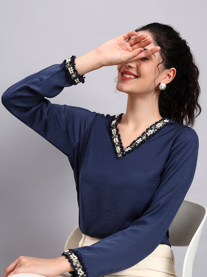 Powersutra Blue V-Neck Top With Embellished Neckline And Cuff Detailing