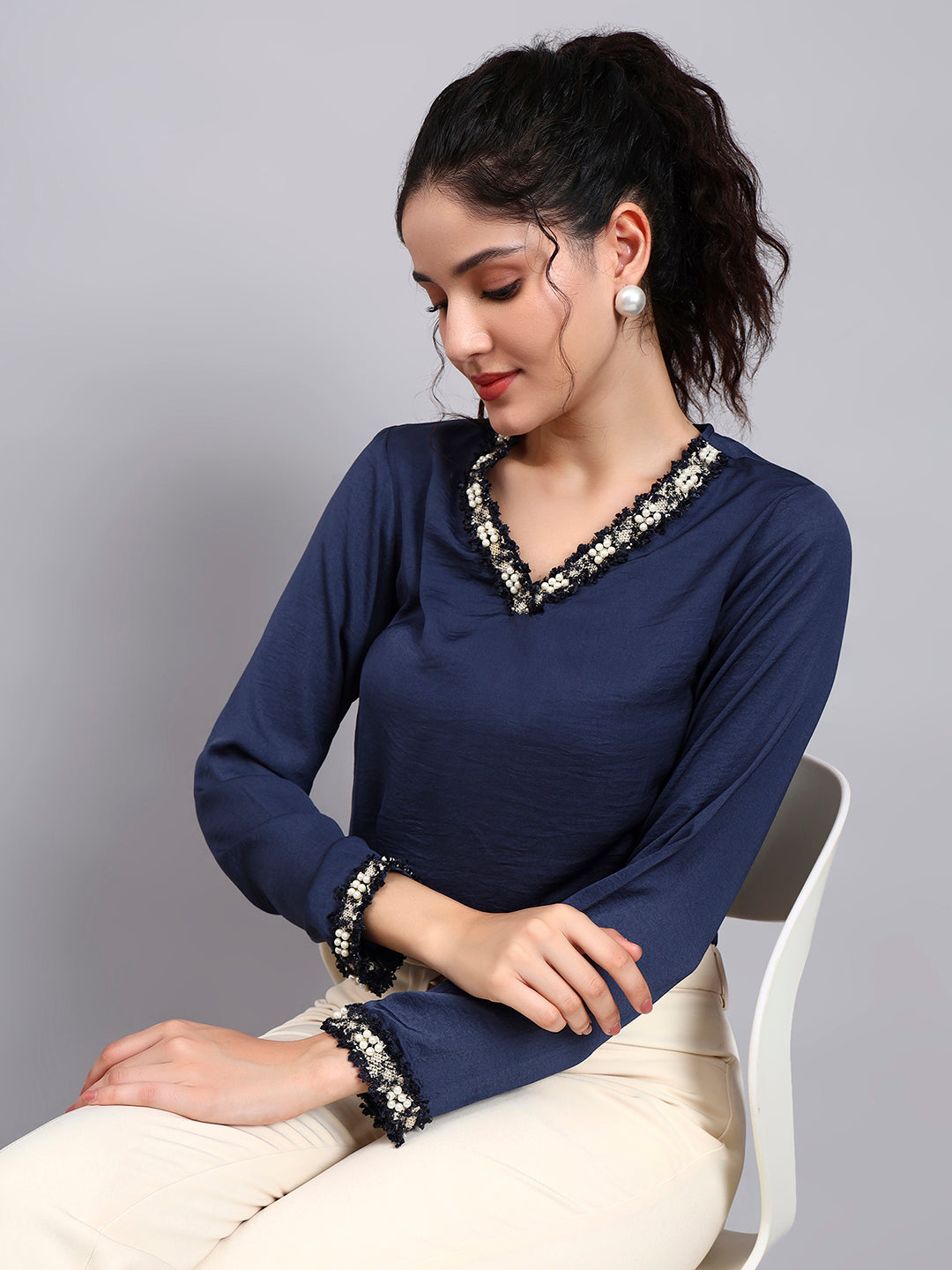 Powersutra Blue V-Neck Top With Embellished Neckline And Cuff Detailing