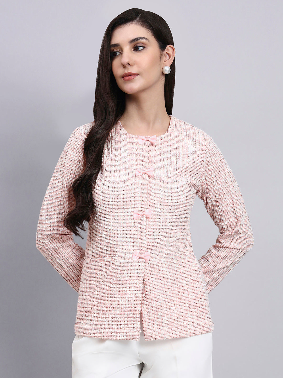 Powersutra Baby Pink Warm Tweed Stretchable Top With Dainty Bow Closures