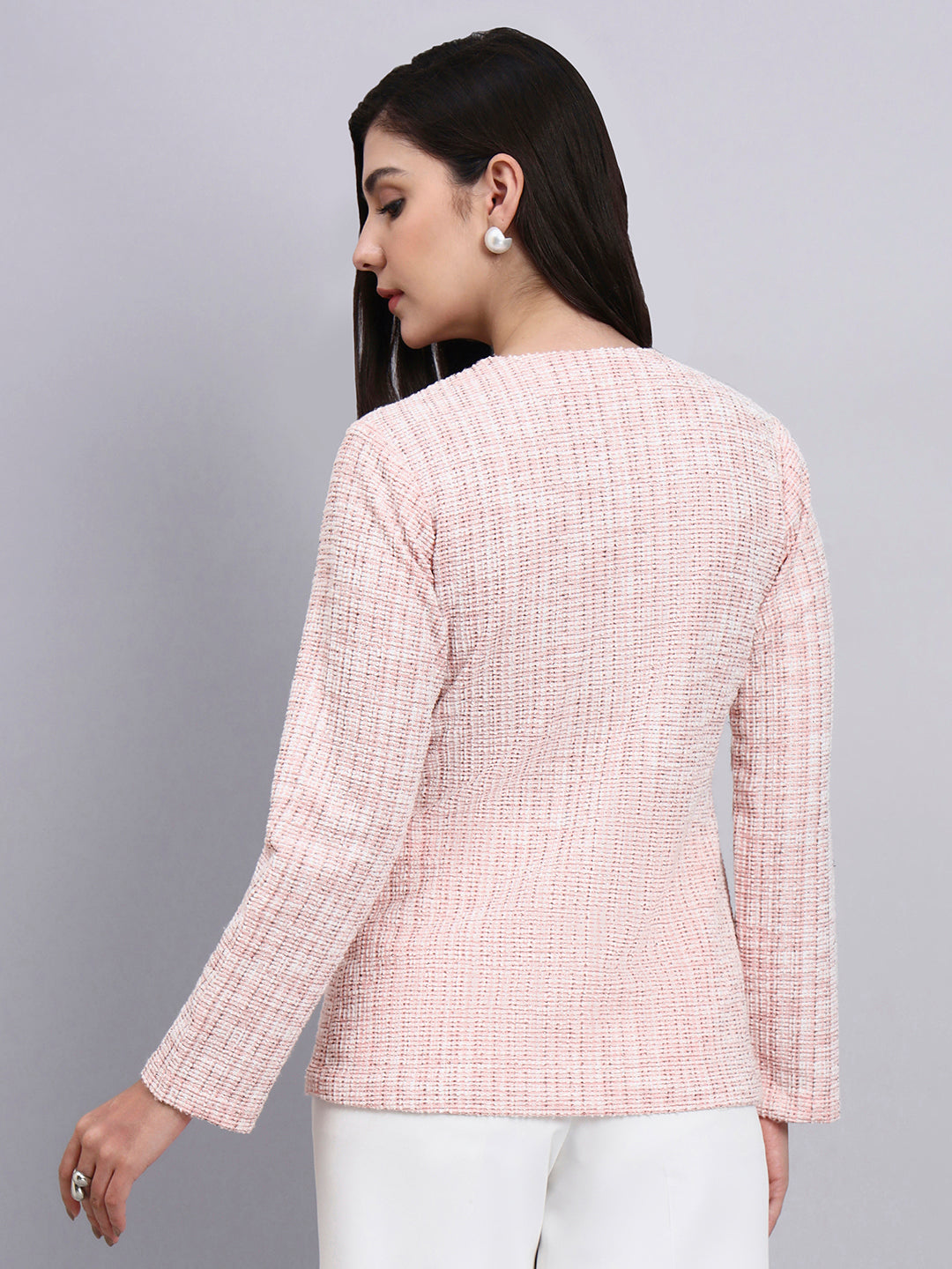 Powersutra Baby Pink Warm Tweed Stretchable Top With Dainty Bow Closures