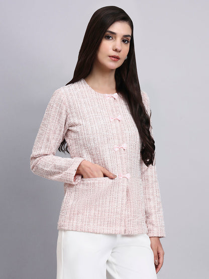 Powersutra Baby Pink Warm Tweed Stretchable Top With Dainty Bow Closures