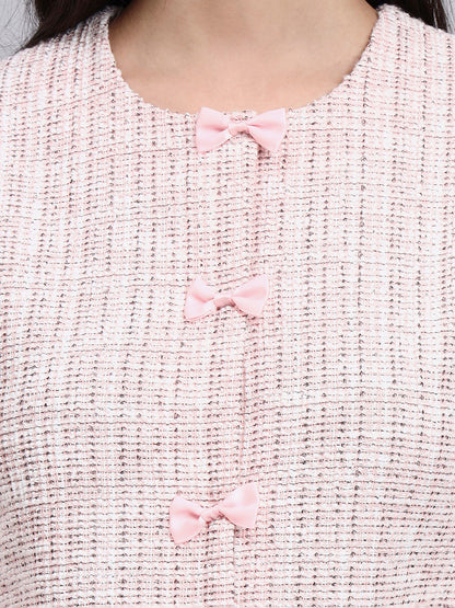 Powersutra Baby Pink Warm Tweed Stretchable Top With Dainty Bow Closures