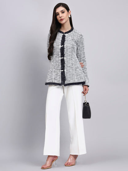 Powersutra Chic Black And White Warm Tweed Stretchable Top With Dainty Thread Button Closures
