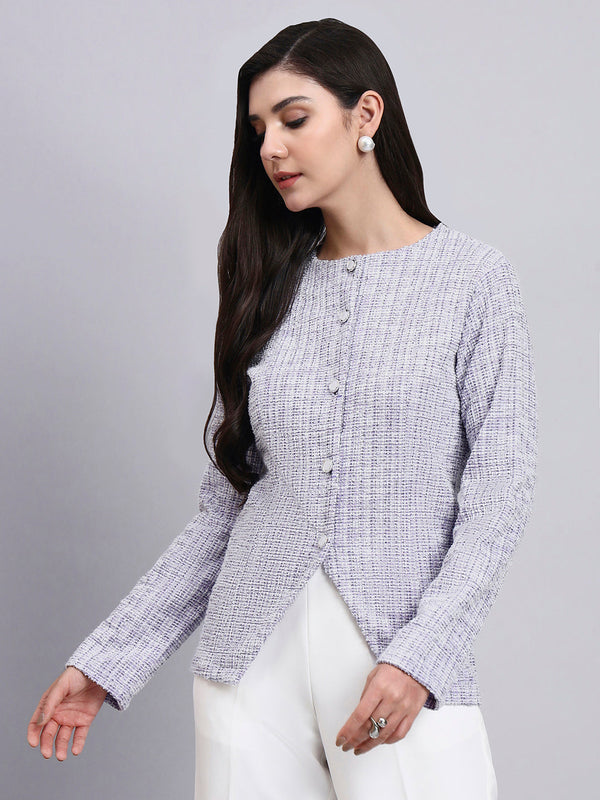 Powersutra Elegant Lilac Warm Tweed Stretchable Top With Pearl Button Detailing And A Sleek Front-Slit Silhouette.