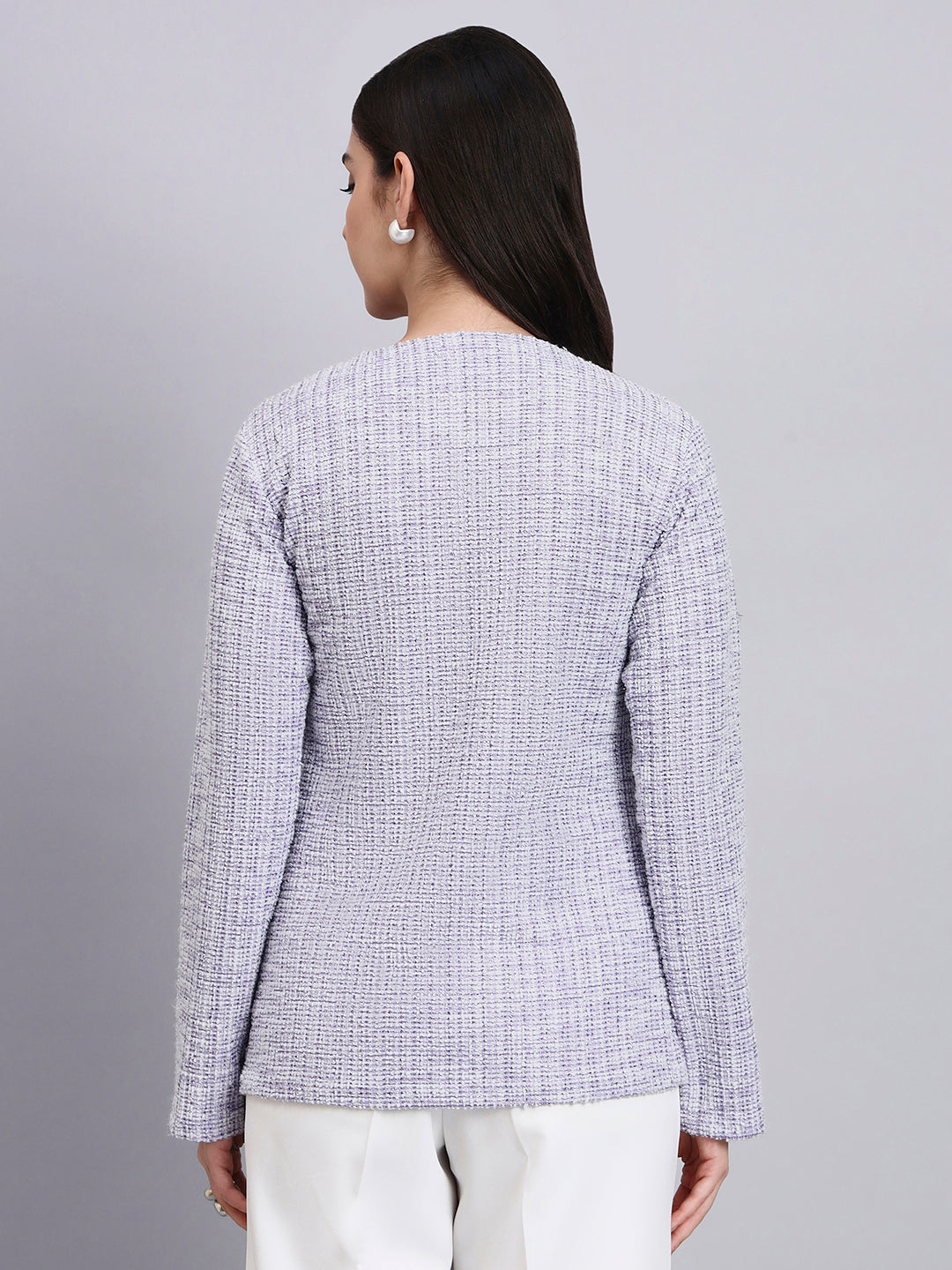 Powersutra Elegant Lilac Warm Tweed Stretchable Top With Pearl Button Detailing And A Sleek Front-Slit Silhouette.