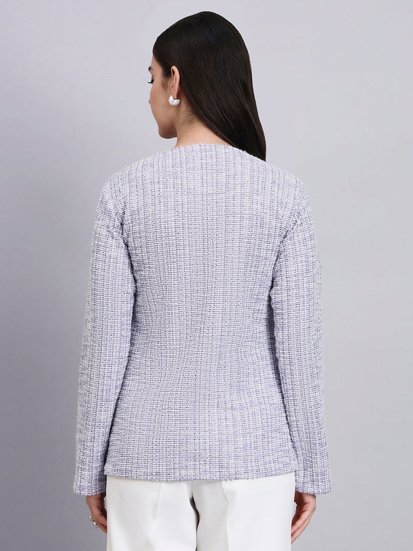Powersutra Elegant Lilac Warm Tweed Stretchable Top With Pearl Button Detailing And A Sleek Front-Slit Silhouette.